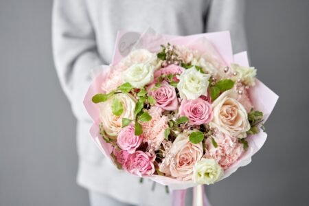 European,Floral,Shop,Concept.,Florist,Woman,Creates,Beautiful,Bouquet,Of Blush Romance – Hand-Tied Bouquet